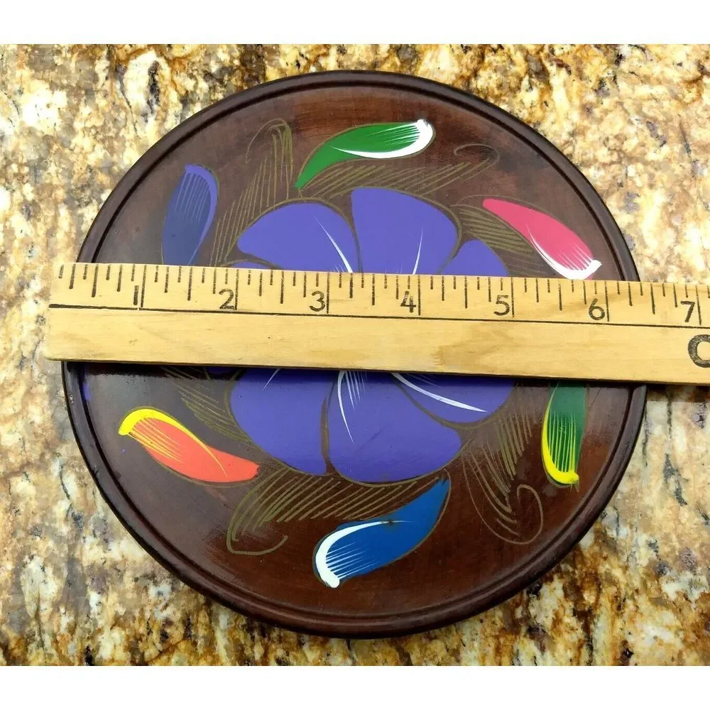 VTG Turned Wood Decanter Set w/ 6 Goblet Shot Glasses & Tray Hand Painted Floral
